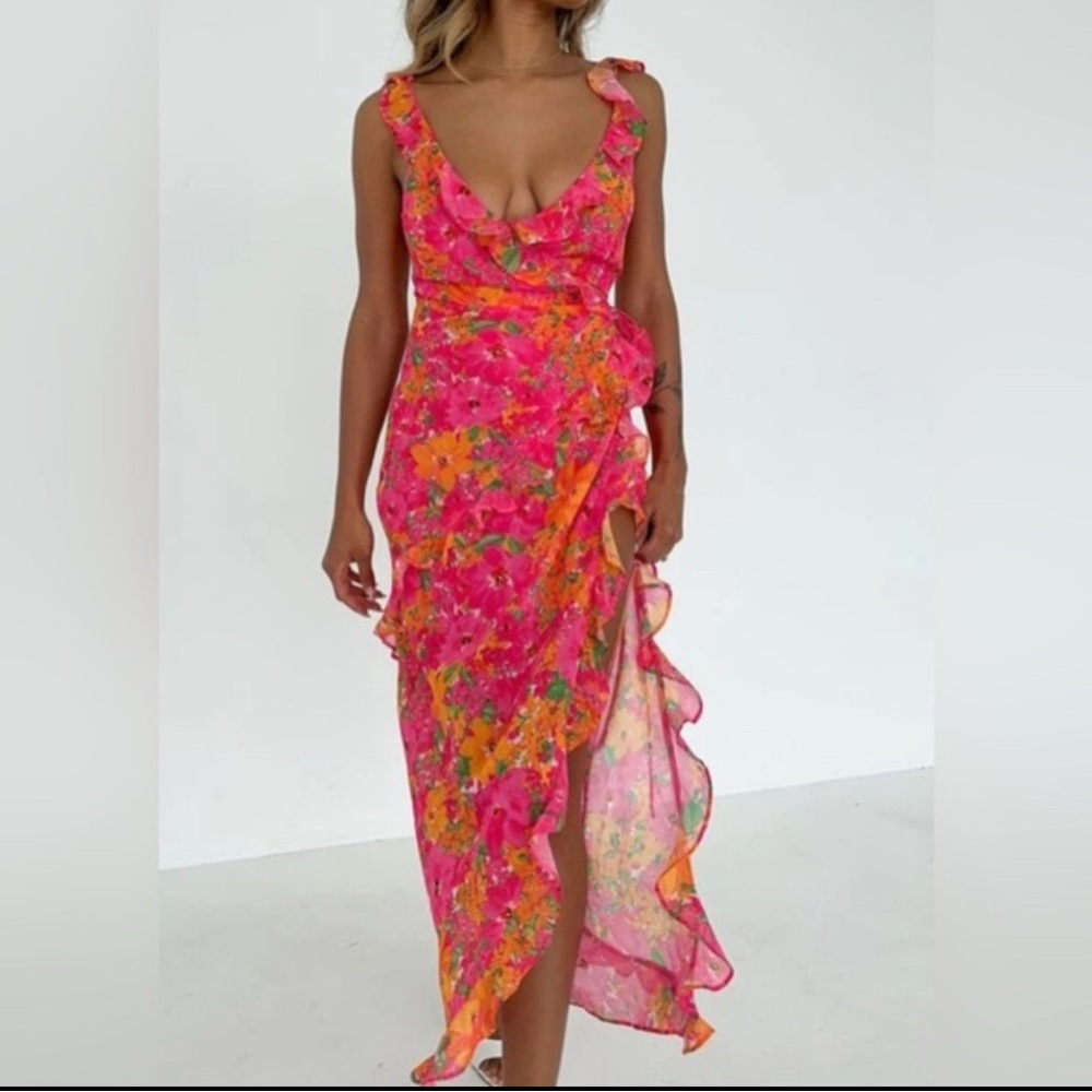 Pink Orange Floral Boho Wrap Maxi Dress XS Ruffle Chiffon Wedding Guest Rumored